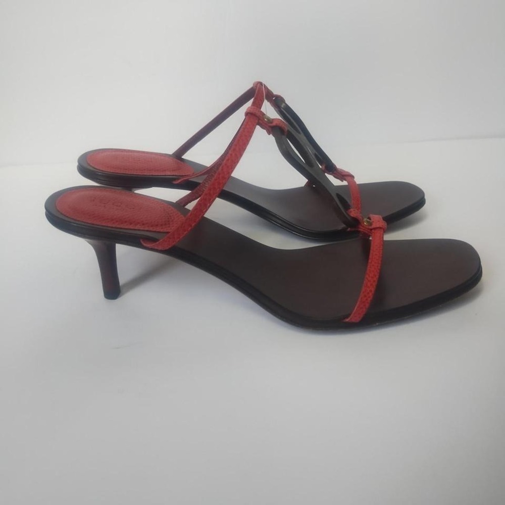 Gucci Red and Black Leather T-Strap Kitten Heel Sandals